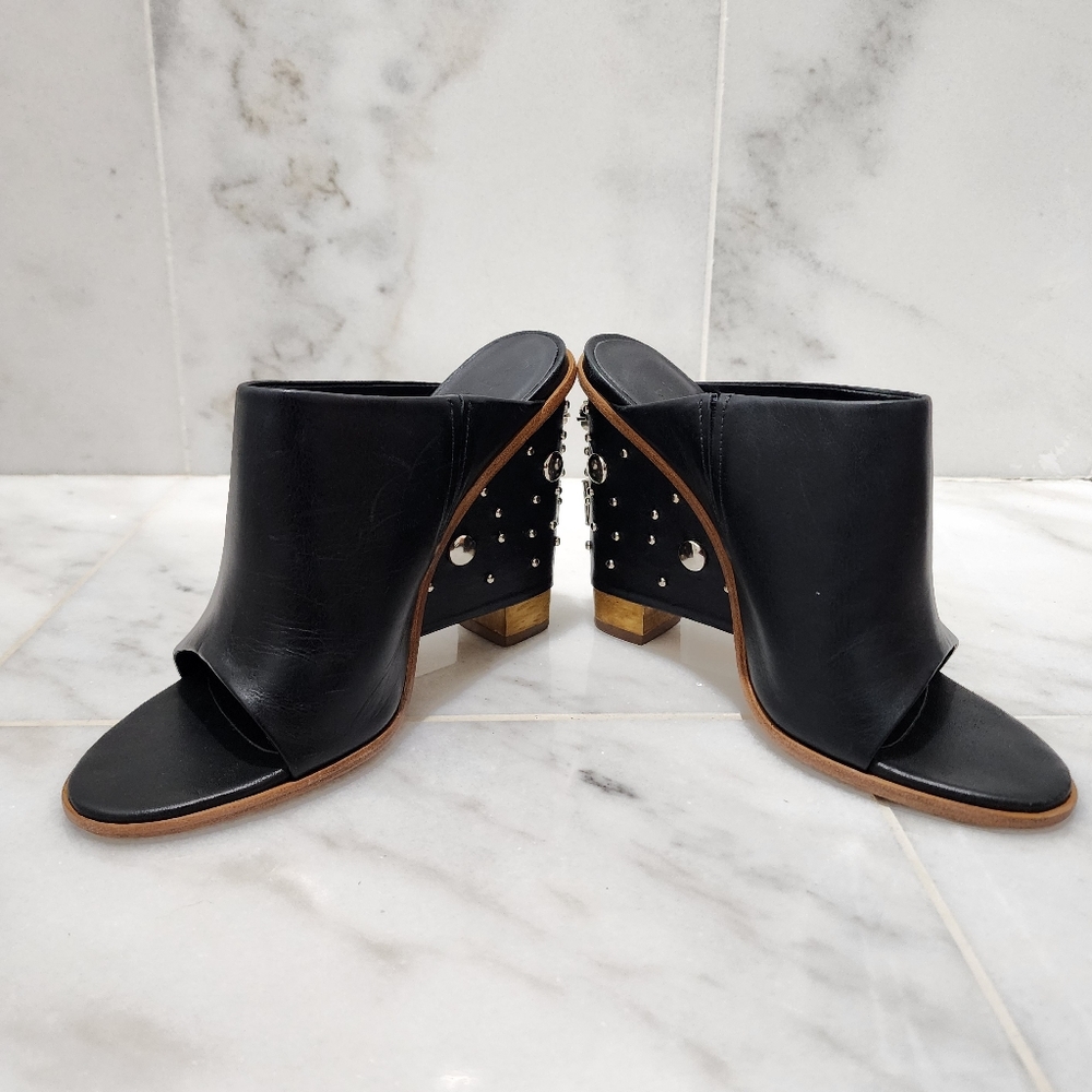 Tibi Britt Mules Black Leather Jeweled Studded Wedge 38 Open Toe - Picture 10 of 16